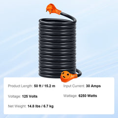 A coiled 50-foot black 30A RV extension cord with orange NEMA TT-30P and TT-30R plugs.