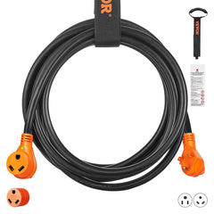 50ft 30A RV extension cord with NEMA TT-30P to TT-30R plugs, orange jacket, LED indicator, and storage strap.