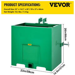Green steel 3-point ballast box, 800 lbs capacity, 5 cu ft, with dimensions and weight labels.