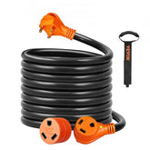 Black coiled 25 ft RV extension cord with orange 30 Amp plugs and LED indicator light.