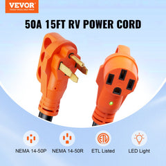Orange 15ft 50 Amp RV extension cord with NEMA 14-50 plugs, LED indicator, and ETL certification.