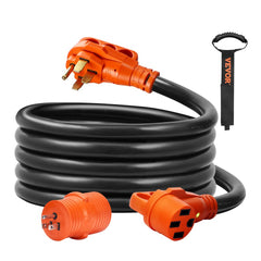 Orange 15ft 50 Amp RV extension cord with LED indicator, heavy-duty STW jacket, and carry strap.