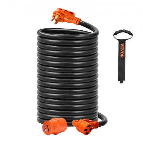 50 ft 50 Amp RV extension cord with orange ends, black coiled cable, LED indicator, and carry strap.