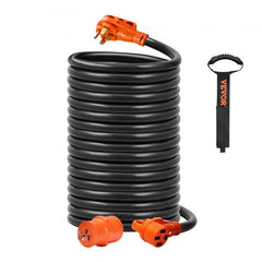 50 ft 50 Amp RV extension cord with orange ends, black coiled cable, LED indicator, and carry strap.