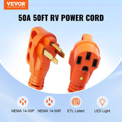 Orange 50 ft 50 Amp RV extension cord with NEMA 14-50P plug, NEMA 14-50R outlet, LED indicator, and carry strap.