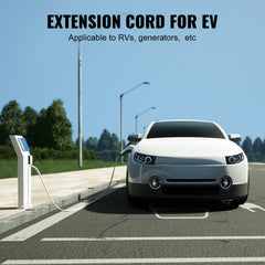 A white RV connected to a charging station via a 50 ft 50 Amp extension cord on a sunny road.