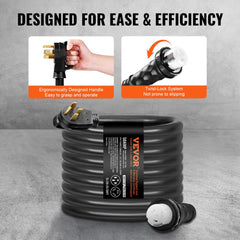 50FT 50 Amp generator cord coiled with ergonomic handle, twist-lock connector, and power inlet box.