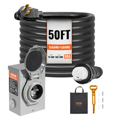 50FT 50 Amp generator cord with 6/3+8 AWG, NEMA 14-50P to SS2-50R, power inlet box, and accessories.
