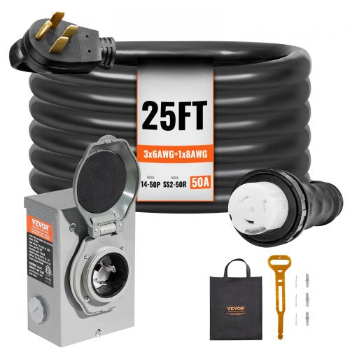 25-foot 50-amp generator cord with 6/3+8/1 AWG cable, twist-lock inlet box, and comfort grip plugs.