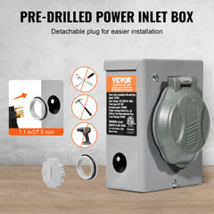Gray VEVOR pre-drilled 50-amp power inlet box with detachable plug, tools, and mounting hardware on white background.