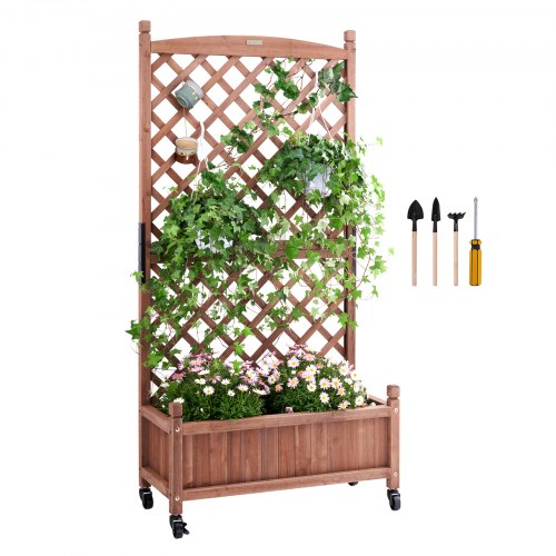Bostome raised garden bed with trellis made of fir wood in walnut color, ideal for climbing plants.