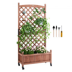 Bostome raised garden bed with trellis made of fir wood in walnut color, ideal for climbing plants.