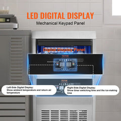 Commercial ice maker with LED digital display panels showing temperature, air return, and ice-making controls.