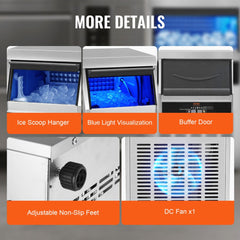 Commercial ice maker with stainless steel body, 24lb bin, ice scoop hanger, blue light visualization, buffer door, adjustable feet, and DC fan.