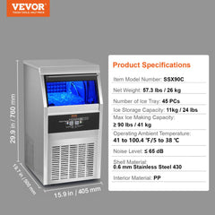 Stainless steel commercial ice maker with 90 lbs daily capacity and 24 lbs storage bin.