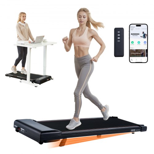 Matte black under desk treadmill with incline feature and LED display for fitness tracking.