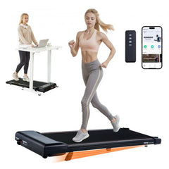 Matte black under desk treadmill with incline feature and LED display for fitness tracking.