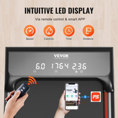 Matte black under desk incline walking pad with a slim design and intuitive LED display.