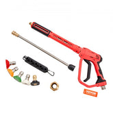 Bostome pressure washer gun with five nozzles and an extension wand for versatile cleaning.