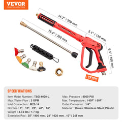 Bostome pressure washer gun with five nozzles and extension wand for versatile cleaning.