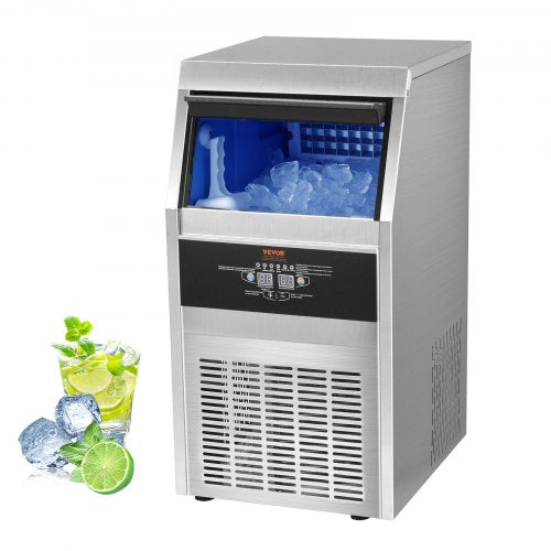 Stainless steel Bostome Commercial Ice Maker with a compact under-counter design and storage bin.