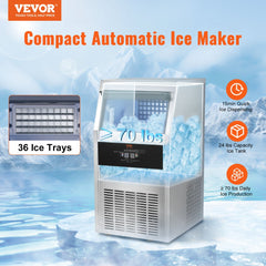 Stainless steel under-counter ice maker producing 70 lbs of ice per day, with a compact design.