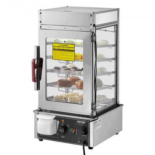 5-tier electric food steamer with tilted shelves and temperature control knob for commercial use.