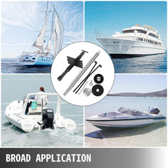 8-in-1 Mercruiser Alpha Bravo tool kit with alignment bar, bearing puller, seal driver, and bellow expander, shown in use on various boats.
