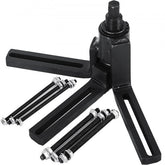 Heavy-duty steel crankcase splitter tool with adjustable arms and bolts for motorcycles and ATVs.
