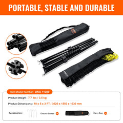 Height adjustable 10ft multi-sport net for badminton, volleyball, and tennis setups.