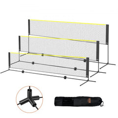 14ft adjustable height multi-sport net with black frame, yellow edges, and carry bag.