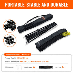 14ft adjustable height multi-sport net with telescoping poles, PE mesh, ground stakes, and carry bag.