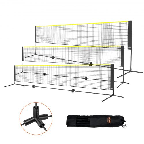 Bostome 17ft adjustable height multi-sport net for badminton and volleyball with black poles, yellow mesh, and carry bag.