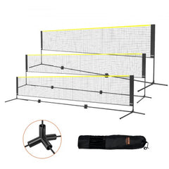 Bostome 17ft adjustable height multi-sport net for badminton and volleyball with black poles, yellow mesh, and carry bag.
