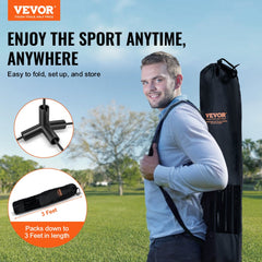Man carrying a folded 17ft adjustable multi-sport net in a black bag outdoors.