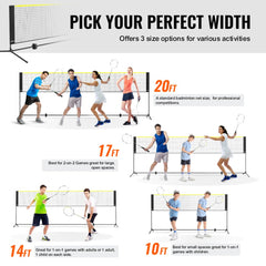 Collage showing Bostome 17ft adjustable multi-sport net in 10ft, 14ft, 17ft, and 20ft widths for badminton and volleyball with diverse players.