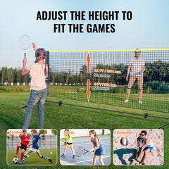 17ft adjustable height multi-sport net for badminton and volleyball with telescoping poles and kids playing.