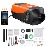 Orange 12V 5KW Bluetooth diesel air heater with app control, remote, and accessories.
