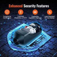 Bostome 12V 5KW diesel air heater with enhanced security features like compliance certification, overheat protection, and leak-resistant design.