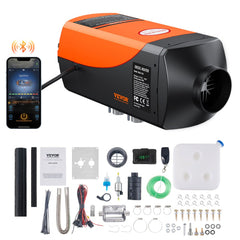 Orange 12V 5KW Bluetooth diesel air heater with app control, remote, and accessories.