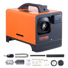 Orange 5KW 12V diesel air heater with LCD display, remote, and accessories for RV and car.