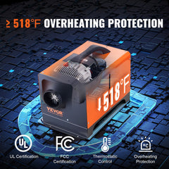 Orange Bostome 5KW diesel air heater with LCD remote, UL and FCC certifications, and overheating protection.