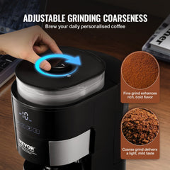 Bostome 10-cup drip coffee maker with built-in grinder and three brew strength settings.