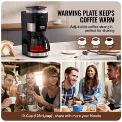Bostome 10-cup drip coffee maker with built-in grinder and three brew strength options.