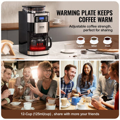 Bostome 12-cup drip coffee maker with built-in grinder and 24-hour auto brew timer.