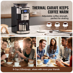 Bostome 8-cup drip coffee maker with built-in grinder, digital display, thermal carafe, and adjustable strength settings.