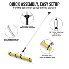 Aluminum landscape rake with 36" tines, 102" handle, and foldable head for easy storage.