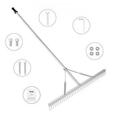 Aluminum landscape rake with 36" tines and a 75" non-slip handle for yard and water cleanup.