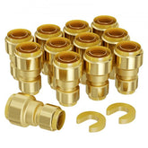 Brass push-fit pipe fittings set for 1/2"-3/4" PEX, copper, and CPVC connections.