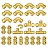 25-piece brass push-fit pipe fittings kit with 10 straights, 10 elbows, and 5 tees for 1/2-inch pipes.